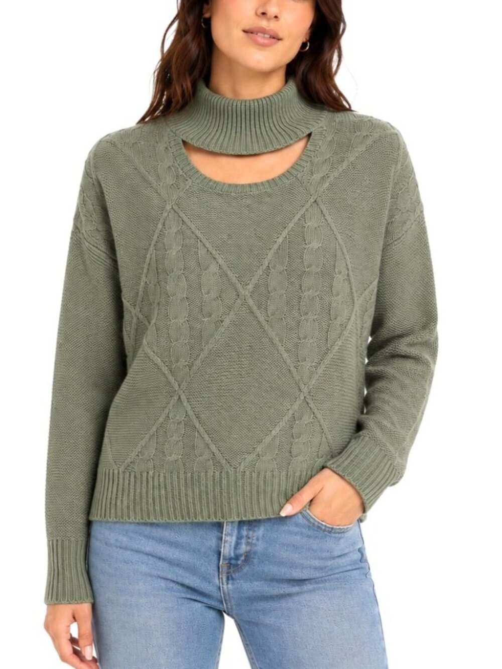 Steve Madden Sweater Womens S Sage Fisherman Aran Cutout Mock Neck Boxy Academia